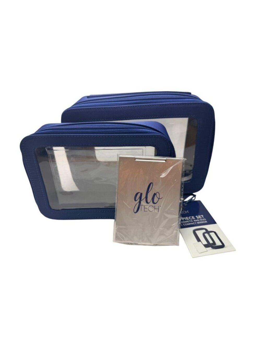 Glo Tech 3 Piece Set Cosmetic Bag Duo Compact Mirror Travel Organizer Navy Blue